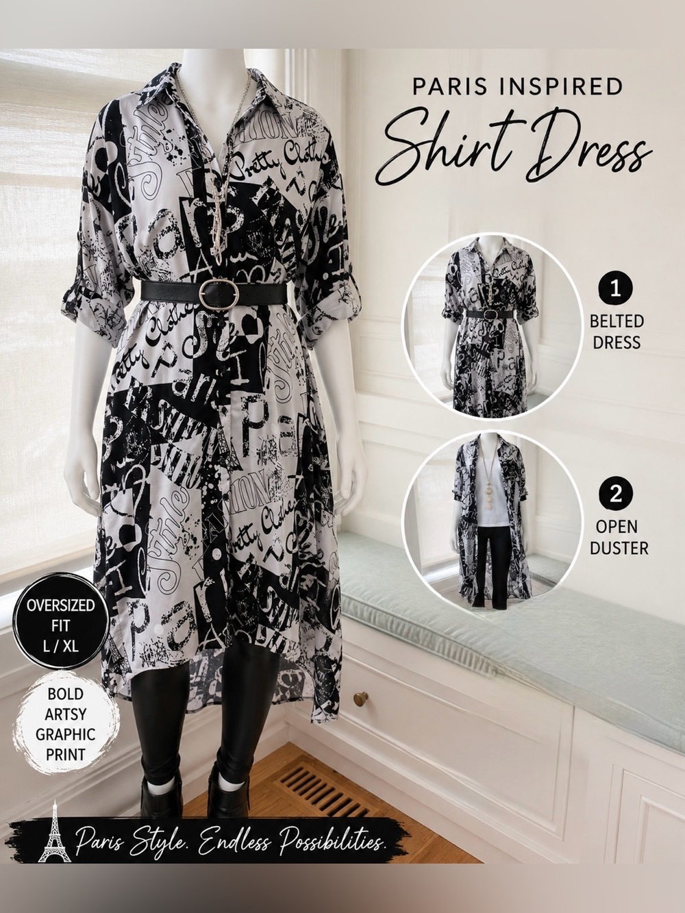 Paris Graphic Print Shirt Dress Tunic Duster Oversized L/XL